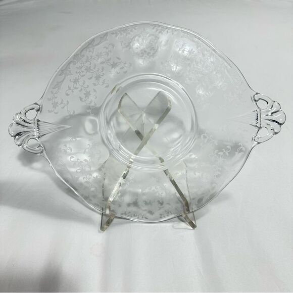 Fostoria VTG Glass Baroque Etched Chintz Handled Cake Plate Platter Dish 13.5” - Picture 8 of 11